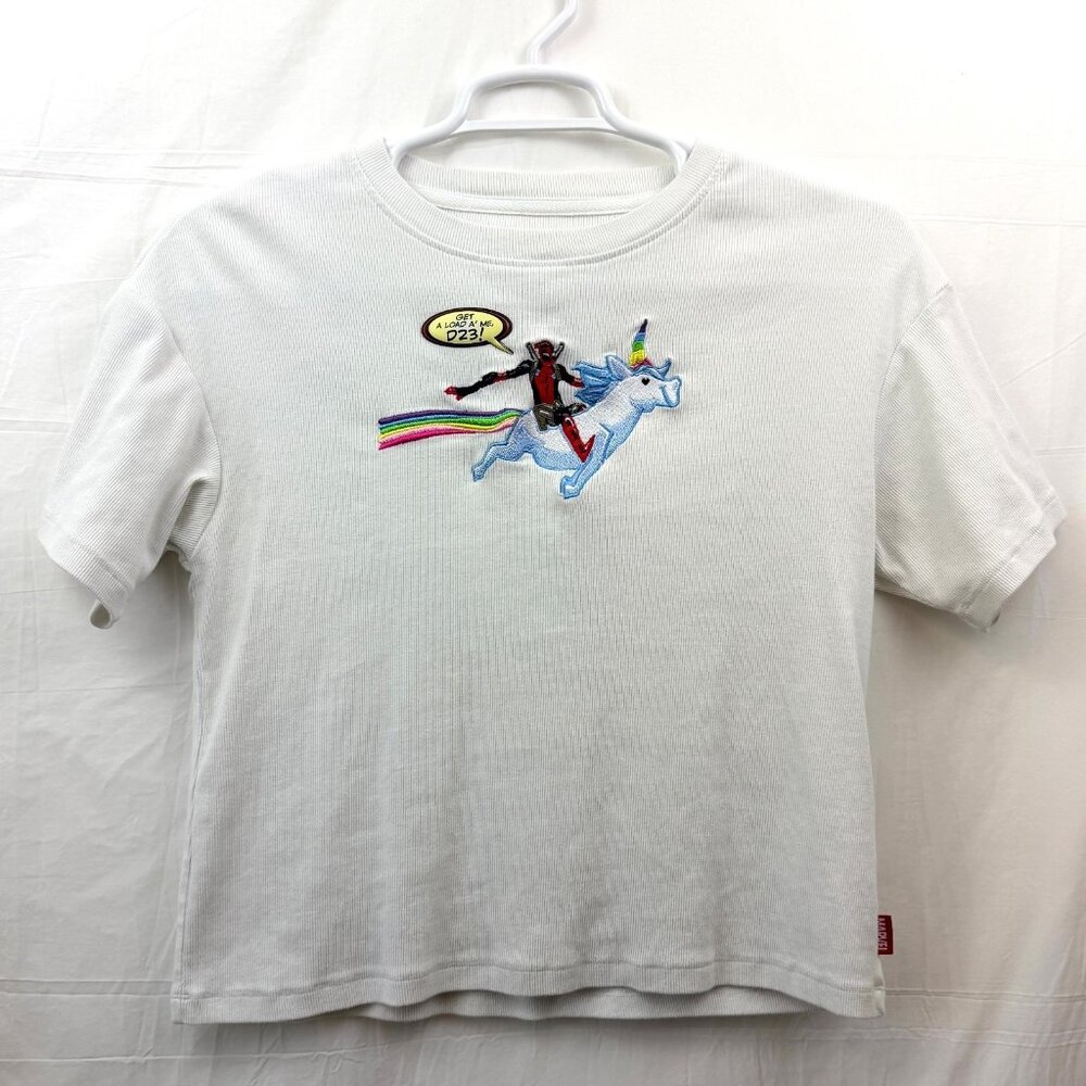 D23 Disney Marvel Deadpool on Unicorn Get A Load Of Me Tee Women XS White